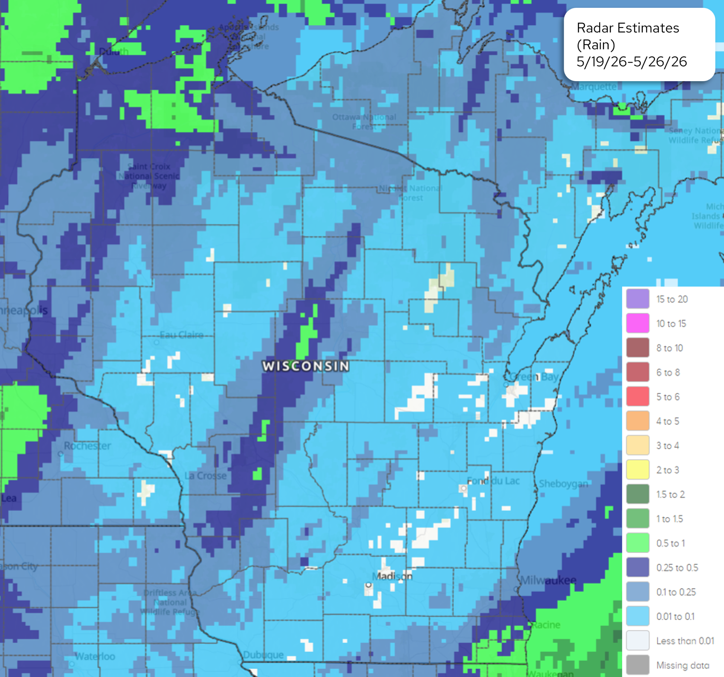 NOAA radar rainfall map of Wisconsin, May 19–26, 2026. Image description below.