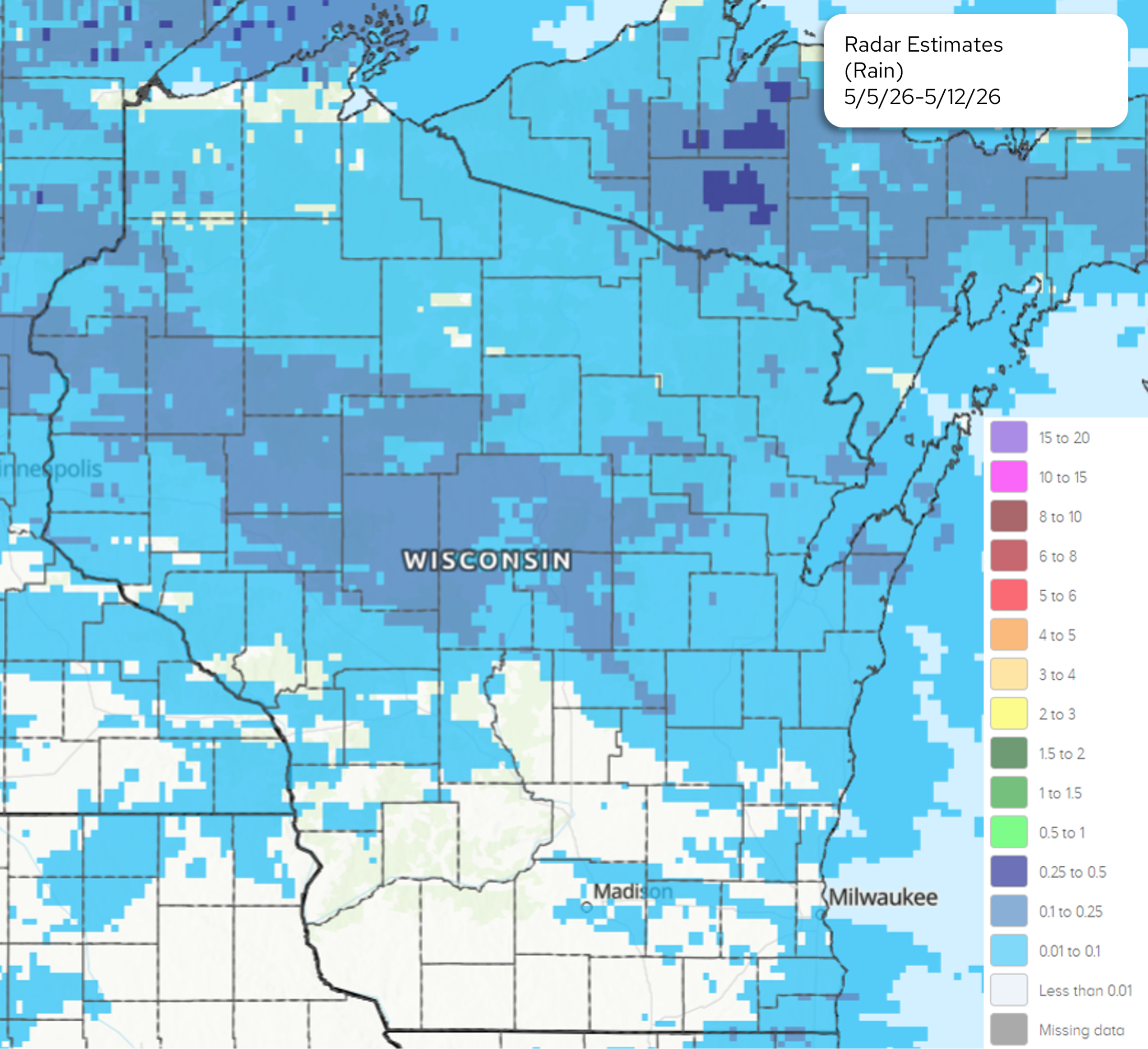 NOAA radar rainfall map of Wisconsin, 5/5/26–5/12/26. Image description below.