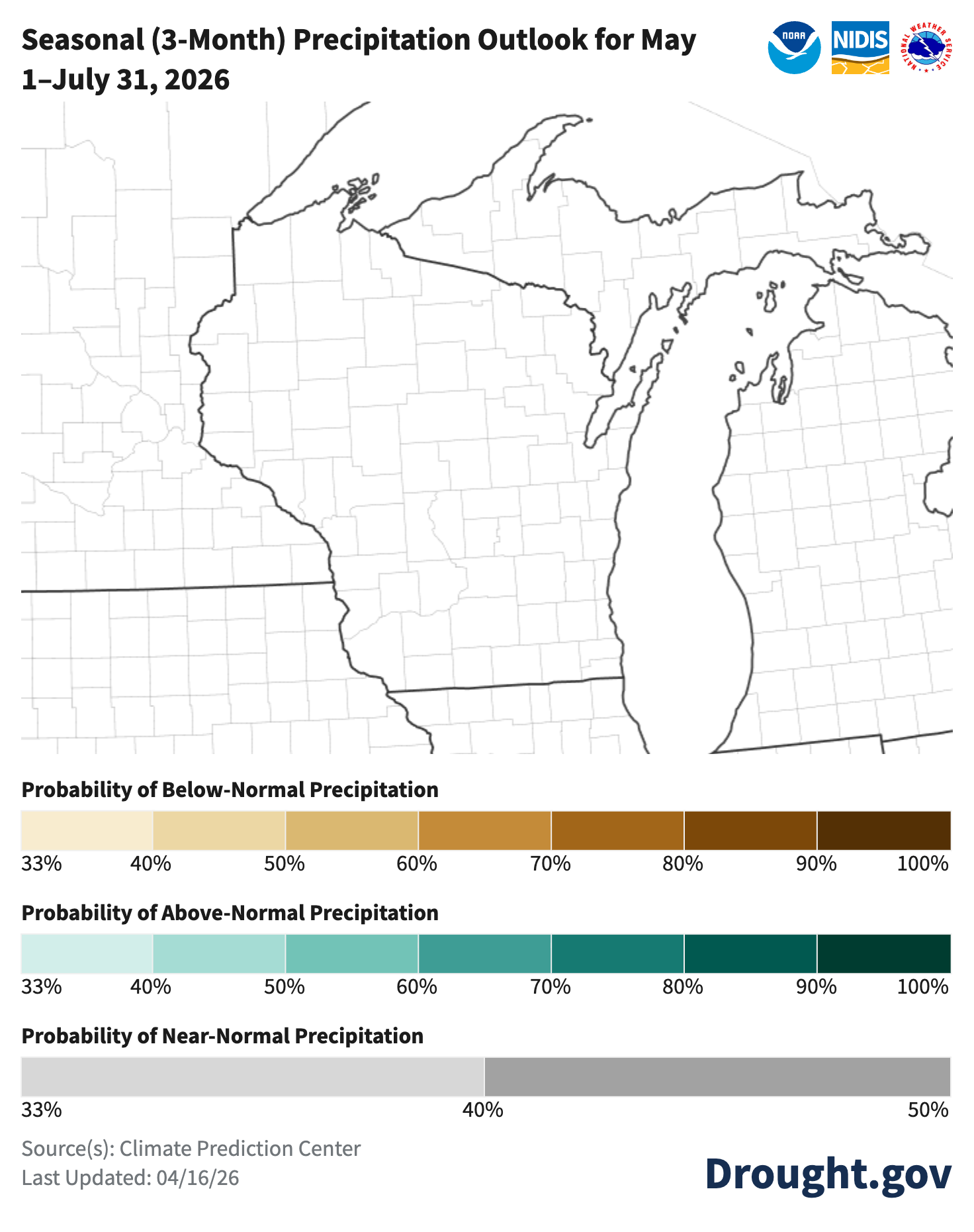 NOAA seasonal precipitation outlook map, May 1–July 31 2026, Great Lakes region. Image description below.