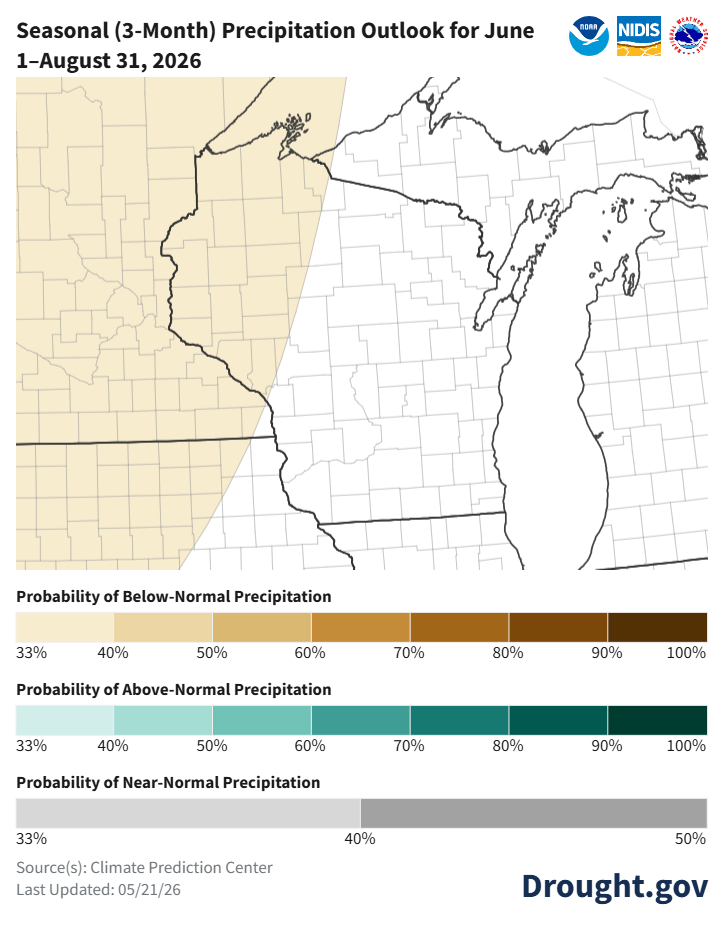 NOAA seasonal precipitation outlook map, June 1–Aug 31 2026: below-normal precipitation likely across northwest Wisconsin and adjacent states. Image description below