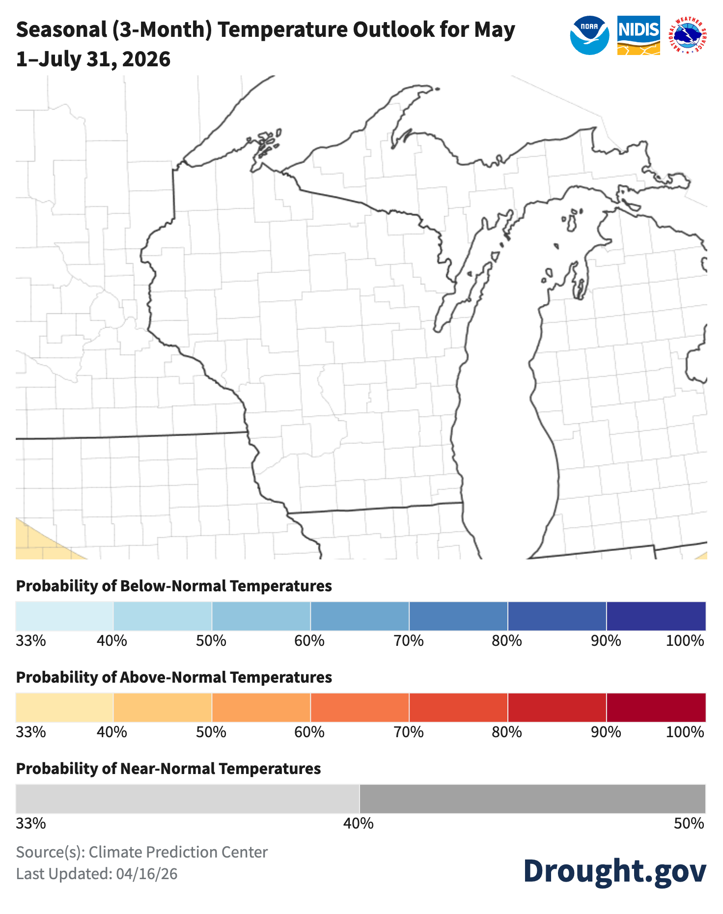 NOAA seasonal temperature outlook map May 1–July 31, 2026, showing near-normal temperatures predicted for Wisconsin and the Great Lakes region. Image description below.