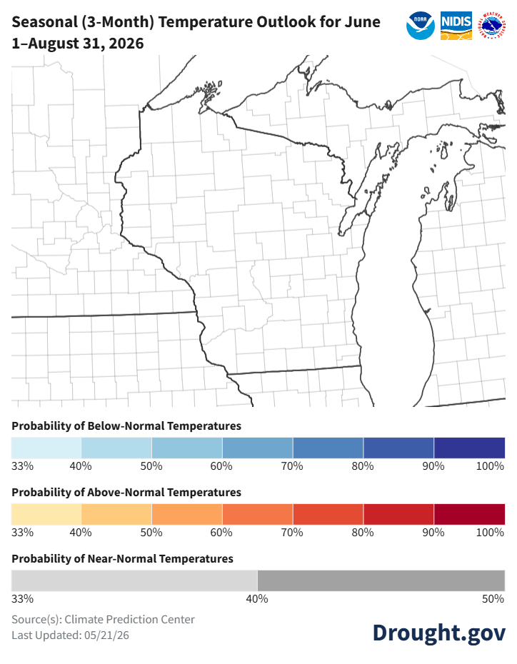 NOAA seasonal temperature outlook map for Wisconsin region, June 1–Aug 31, 2026. Image description below.