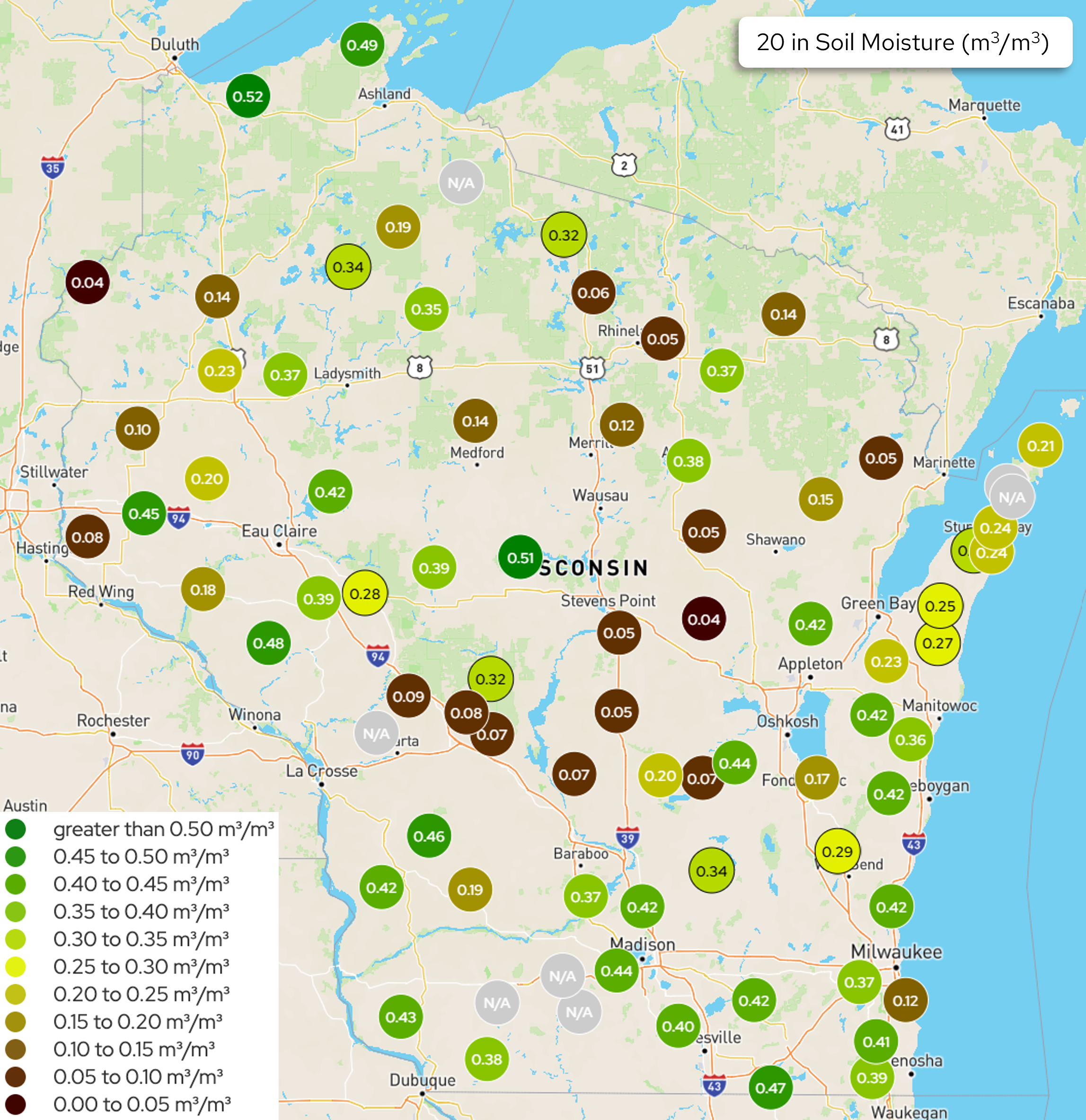 Wisconsin soil moisture map at 20-inch depth showing station readings ranging from 0.04 to 0.52 m³/m³. Image description below.