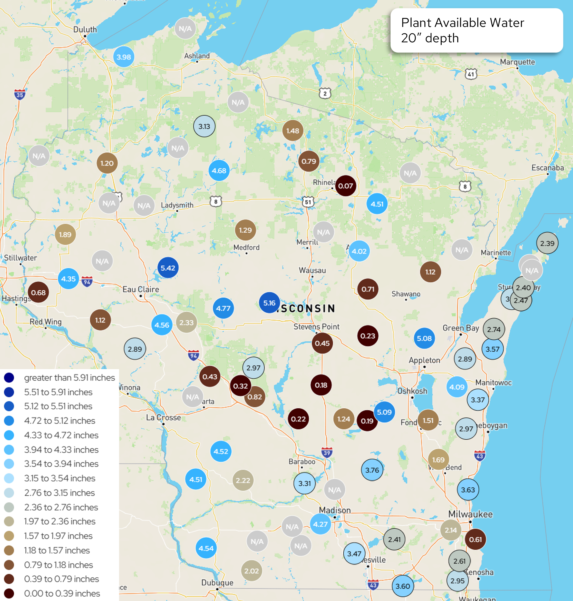 Map: Plant Available Water at 20" depth across Wisconsin. Image description below.