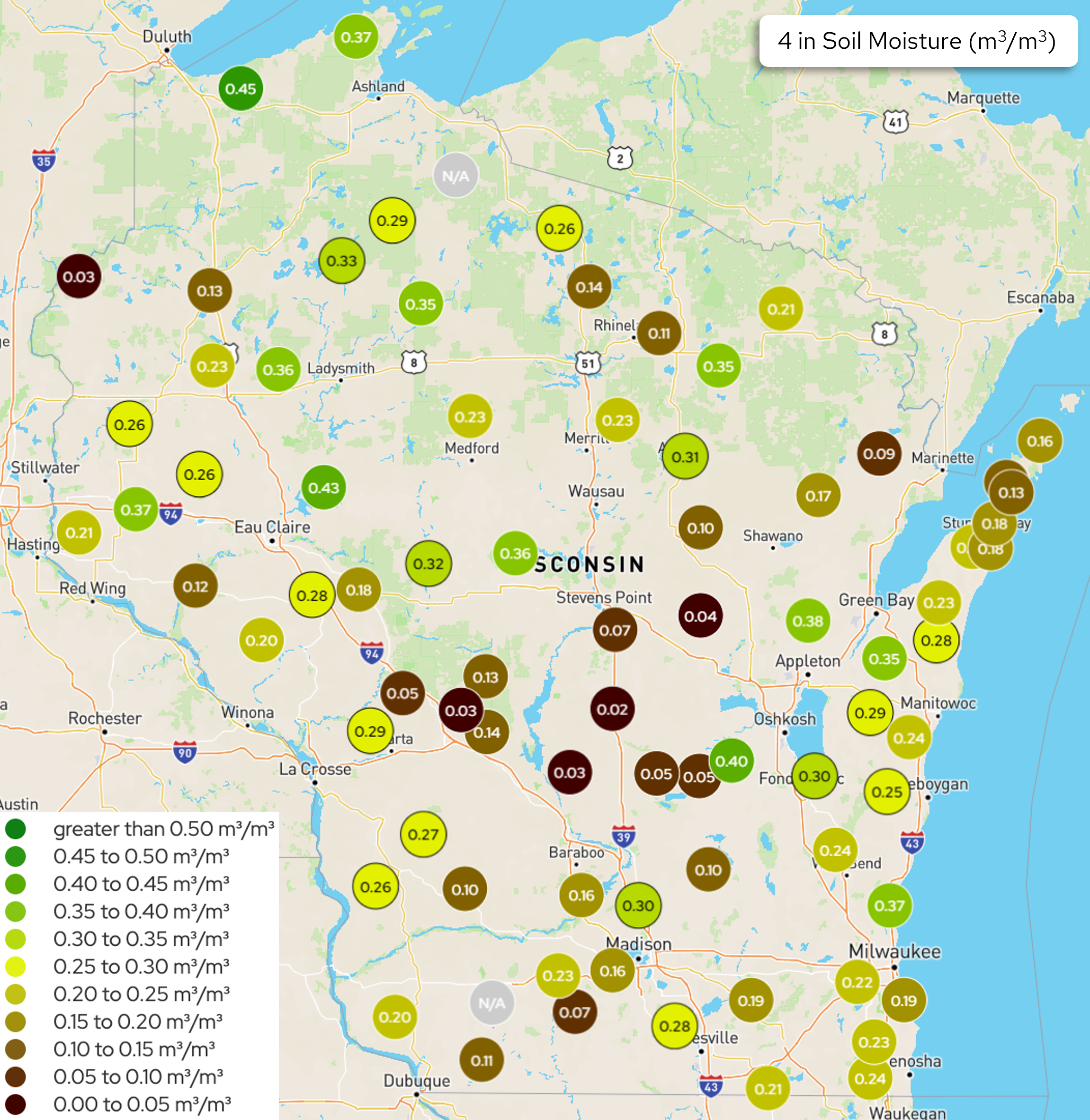 Map of Wisconsin 4-inch soil moisture readings. Image description below.