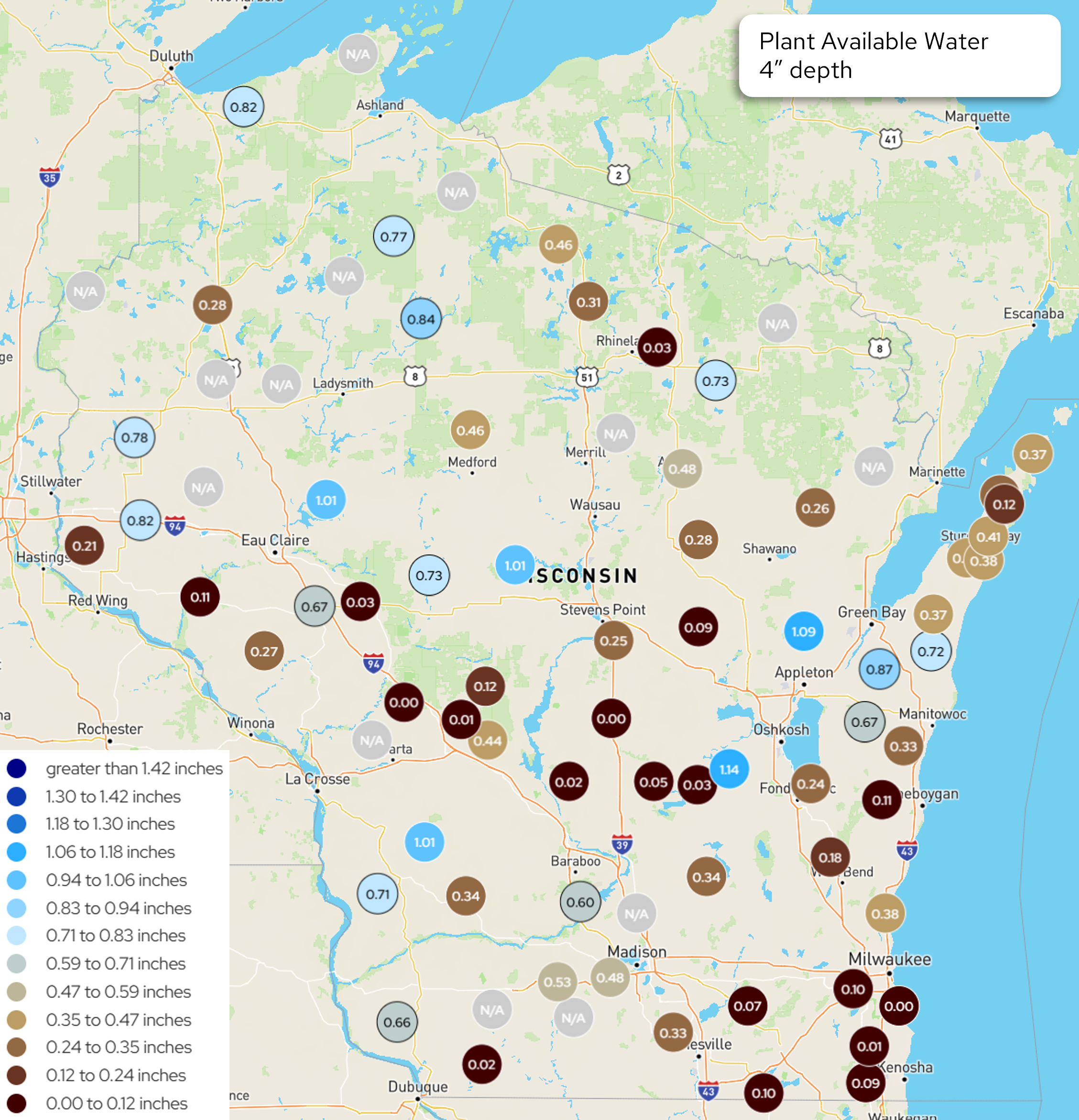 Wisconsin plant available water map at 4" depth showing soil moisture levels by location, most sites critically dry (0.00–0.24"). Image description below.