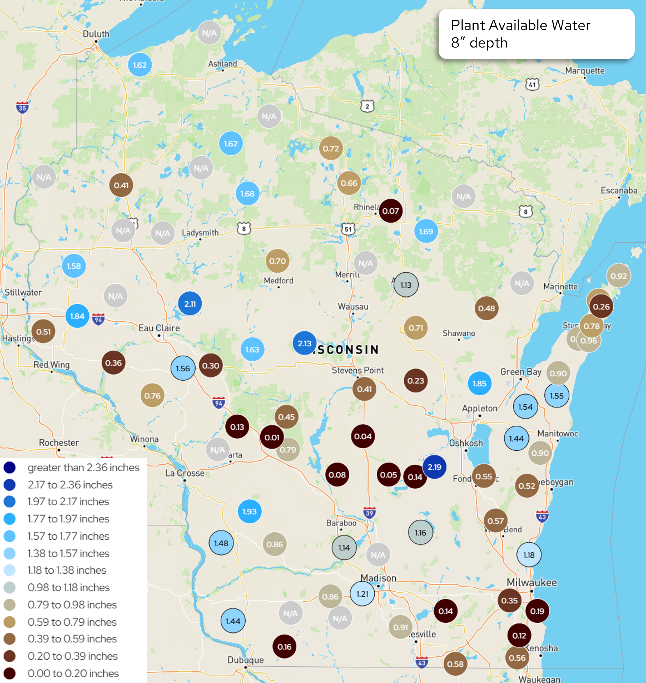 Map of Wisconsin plant available water at 8" soil depth, with color-coded dots ranging from 0.00 to 2.36+ inches. Image description below.