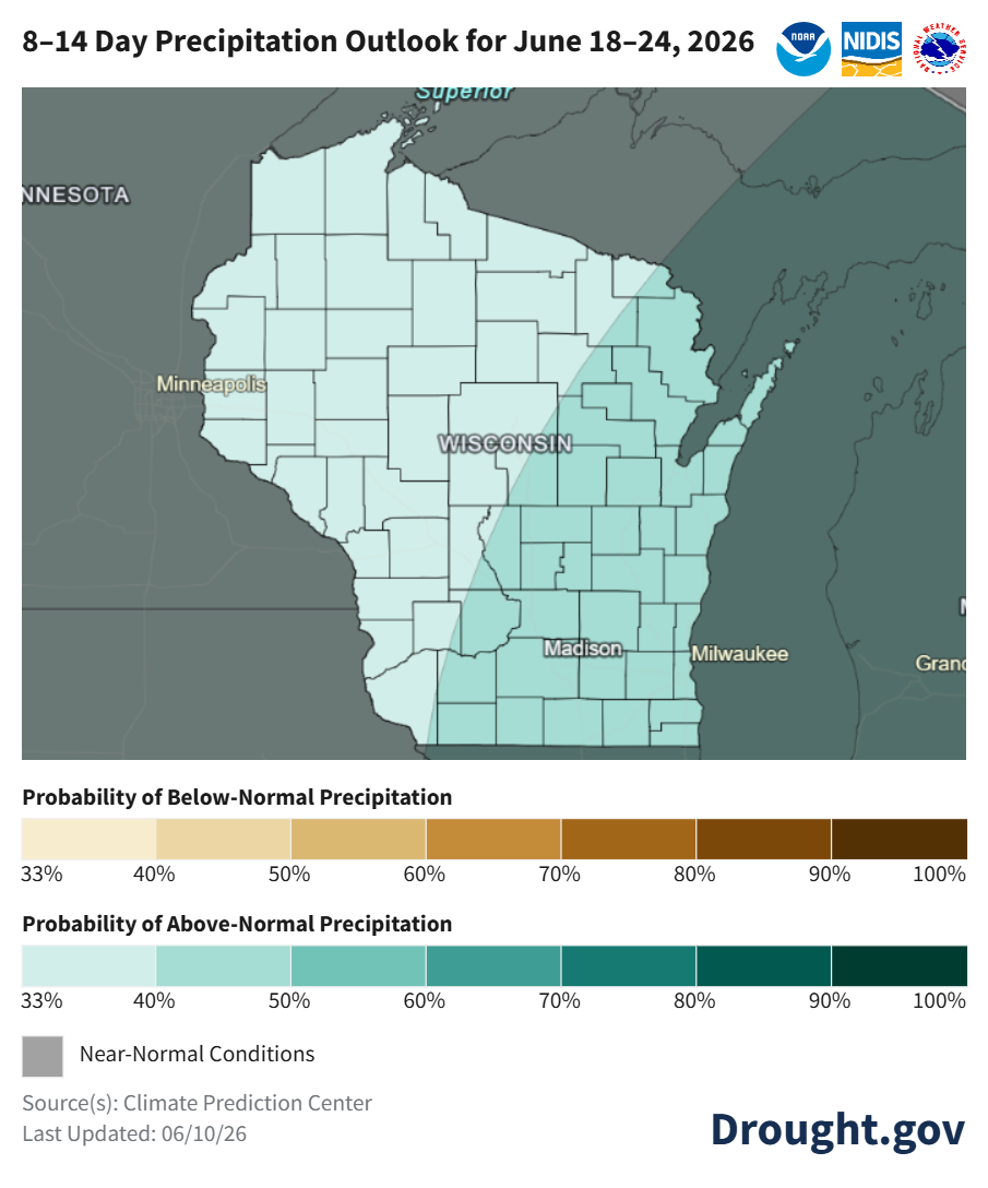 NOAA map of Wisconsin's 8–14 day precipitation outlook for June 18–24, 2026. Image description below.