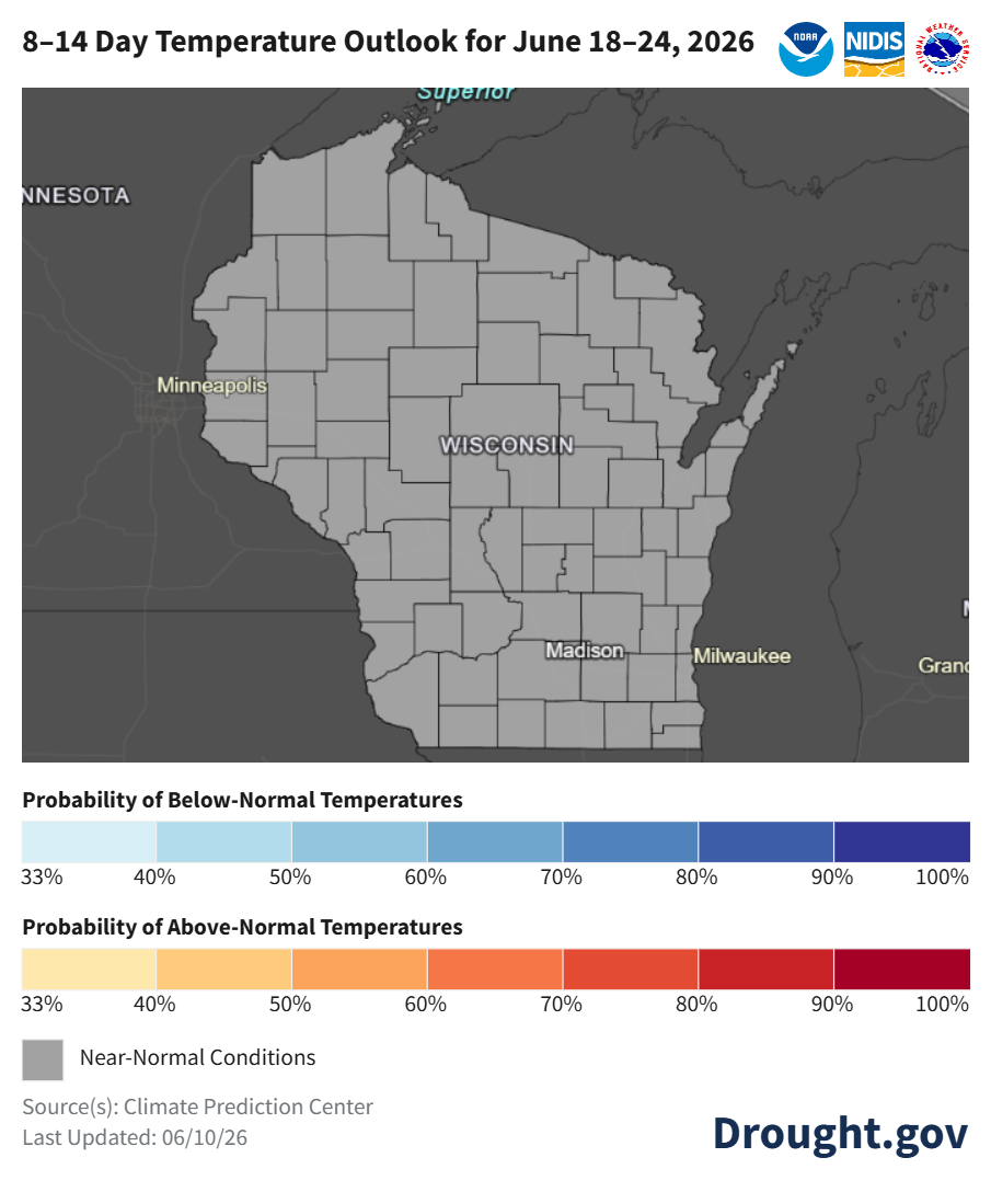 NOAA map showing equal chances/near-normal temperature outlook for Wisconsin, June 18-24, 2026. Image description below.