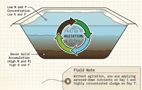 Cross-section diagram of a manure storage pit illustrating the role of agitation in mixing low and high nutrient layers.