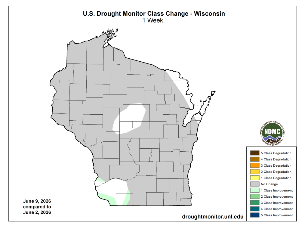 U.S. Drought Monitor weekly change map for Wisconsin, June 9 vs June 2, 2026. Image description below.