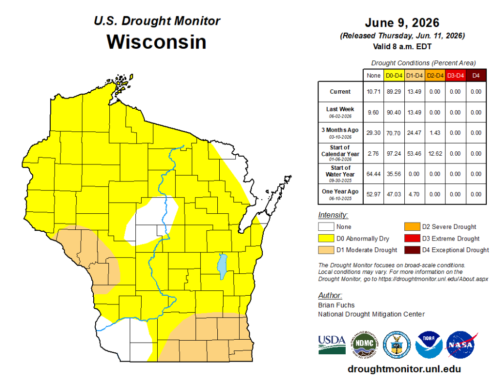 U.S. Drought Monitor map of Wisconsin, June 9, 2026, showing 89.29% of state in D0 abnormally dry, 13.49% in D1 moderate drought. Image description below.