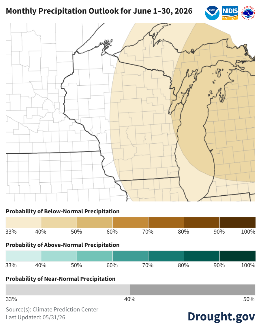 Map shows June 2026 precipitation outlook for Wisconsin/Michigan region. Image description below.