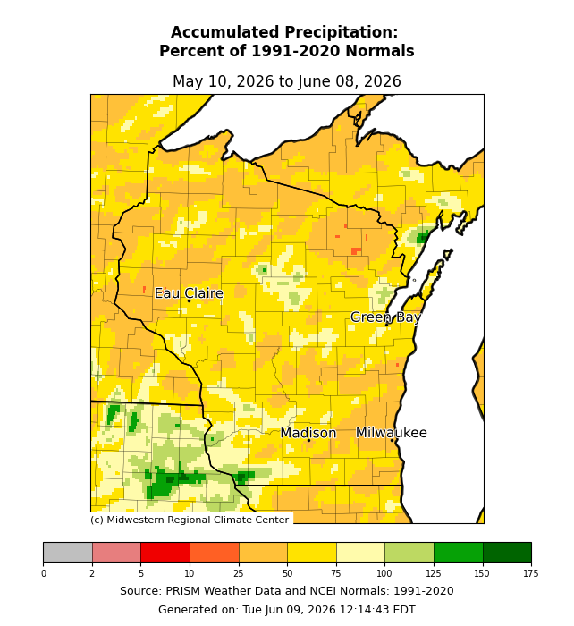 Map of Wisconsin showing precipitation as percent of normal, May 10–June 8, 2026; mostly 50–100%, with wet areas in southwest. Image description below.