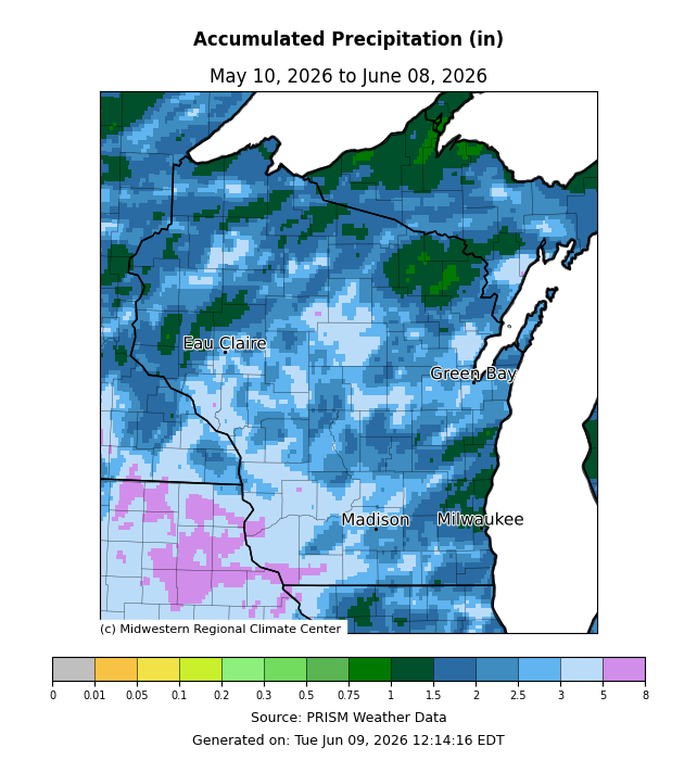 Map of accumulated precipitation in Wisconsin, May 10–June 08, 2026. Image description below.