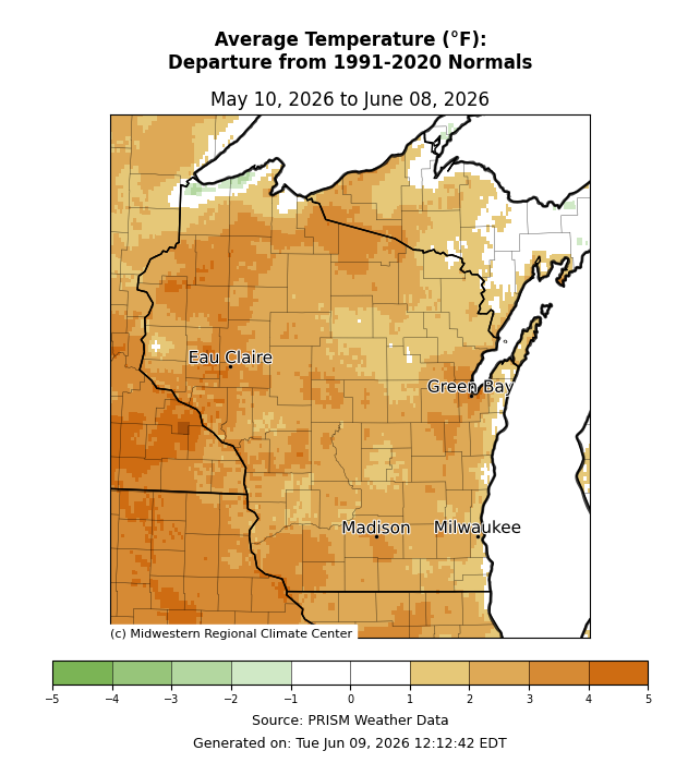 Map of Wisconsin showing average temperature departure from normal, May 10–June 8, 2026; most areas 1–3°F above normal. Image description below.
