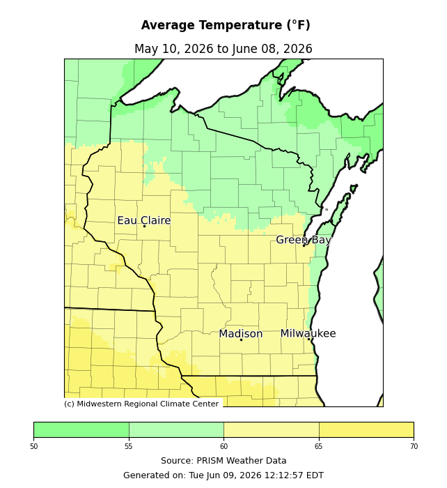 Map of average temperatures across Wisconsin, May 10–June 8, 2026, ranging 50–70°F. Image description below.