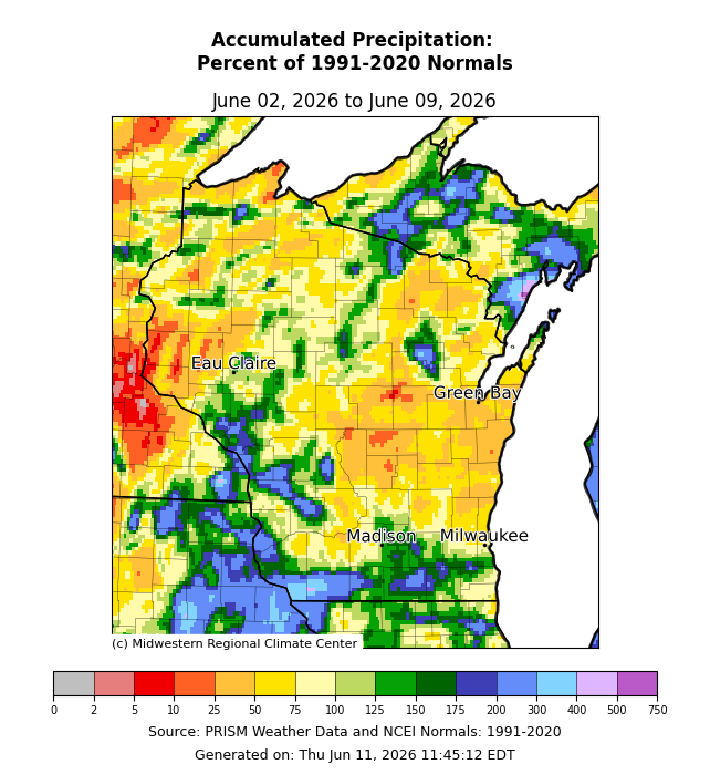 Map of Wisconsin showing precipitation as percent of normal, June 2-9, 2026; Madison area near 75-100%, western WI areas near 5-25%. Image description below.