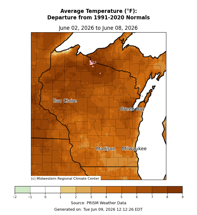  Map of Wisconsin showing average temperature departure from normal, June 2-8, 2026; most areas 4-9°F above normal. Image description below.