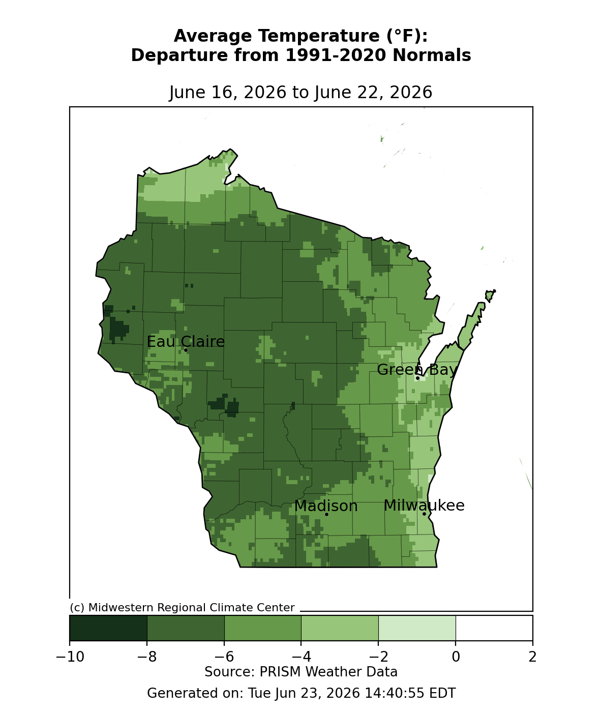 Wisconsin temperature map, June 16–22, 2026: statewide average temps ran 2–10°F below 1991–2020 normals, coldest in central/northwest regions. Image description below