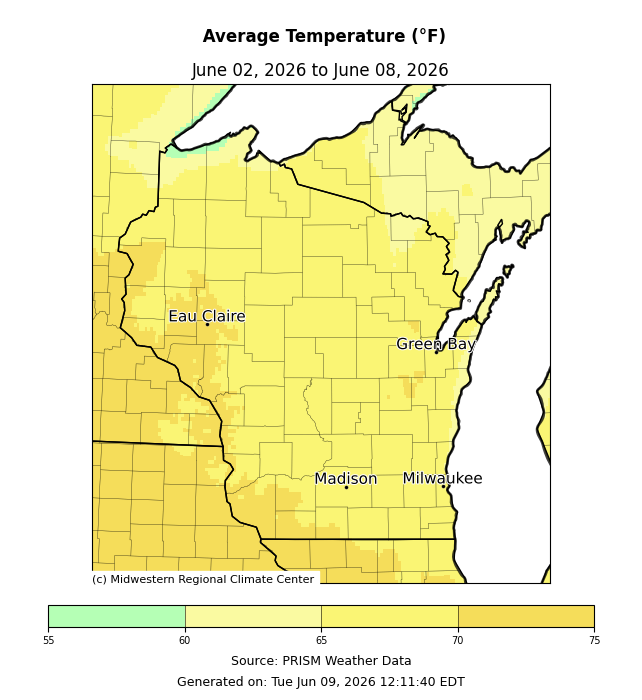 Map of Wisconsin showing average temperatures June 2–8, 2026, ranging 55–75°F; most areas 60–70°F. Image description below.