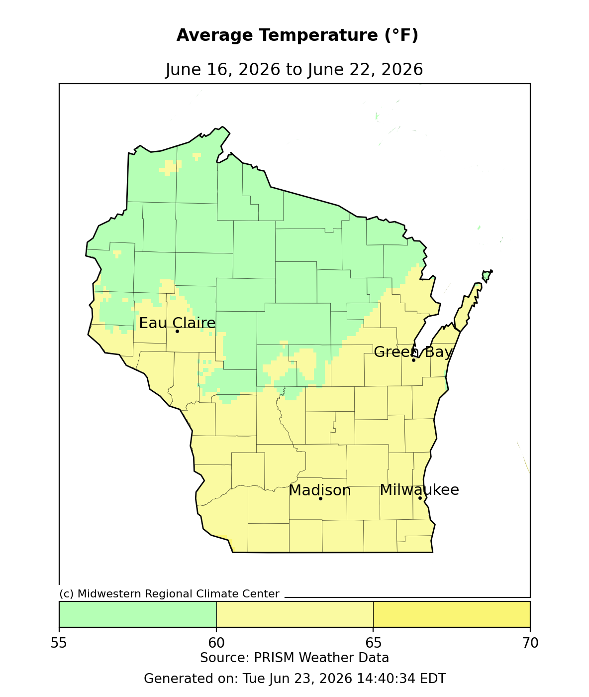 Wisconsin 7-day average temperature map, June 16–22, 2026. Image description below.