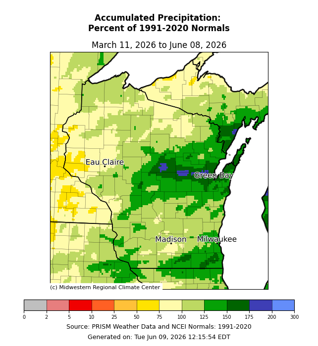 Map of Wisconsin precipitation as % of normal, Mar 11–Jun 8, 2026; western areas below normal, central/eastern areas above normal. Image description below.