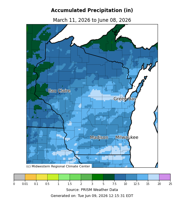 Map of Wisconsin showing accumulated precipitation, March 11–June 08, 2026. Image description below.
