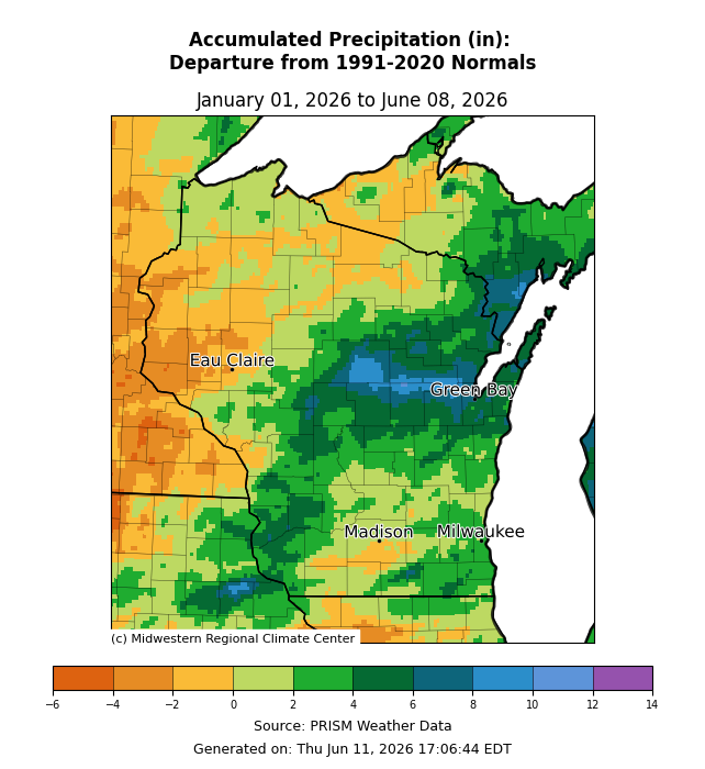 Map of Wisconsin precipitation departure from normal, Jan 1–Jun 8 2026; western WI drier, eastern/northeastern WI wetter. Image description below.