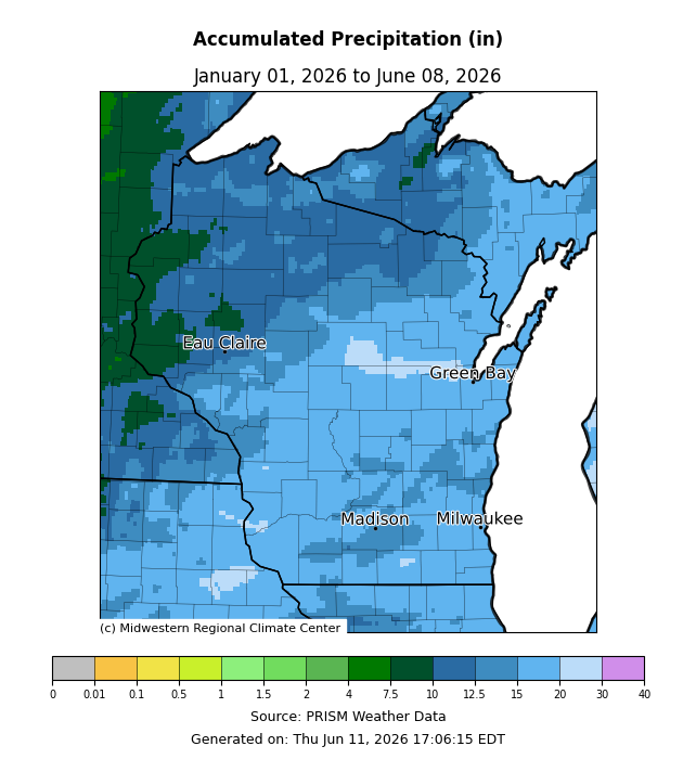 Map of Wisconsin showing accumulated precipitation, Jan 1–Jun 8, 2026; most of state 10–20 in, light blue. Image description below.