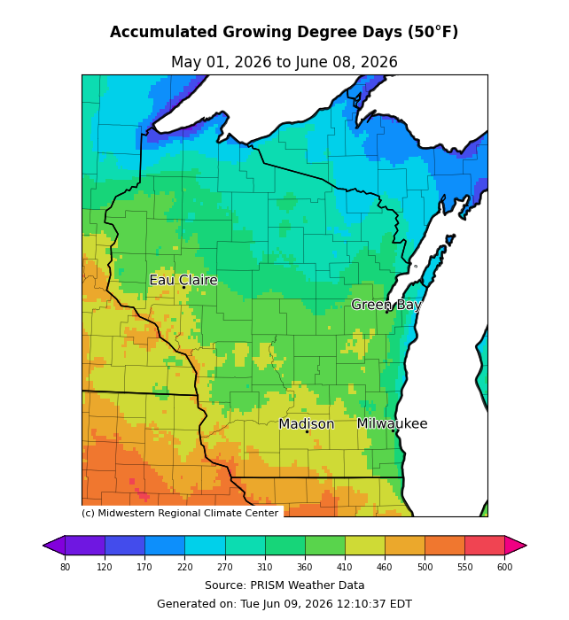 Map of accumulated growing degree days (50°F) for Wisconsin, May 1–June 8, 2026. Image description below.