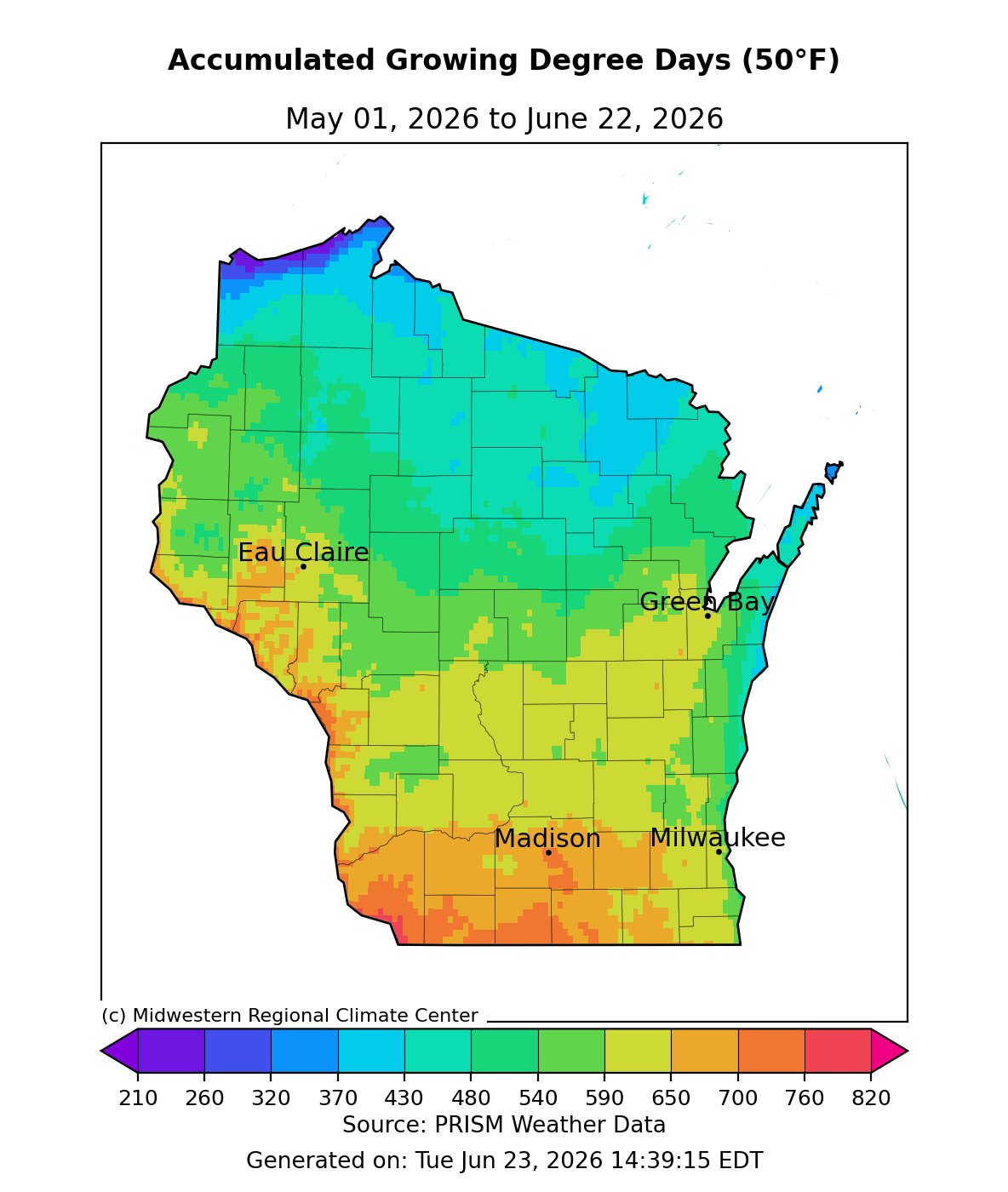 Wisconsin GDD map (base 50°F), May 1–June 22, 2026. Image description below.