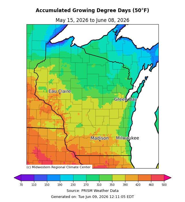 Map of accumulated growing degree days (50°F) for Wisconsin, May 15–June 8, 2026. Image description below.