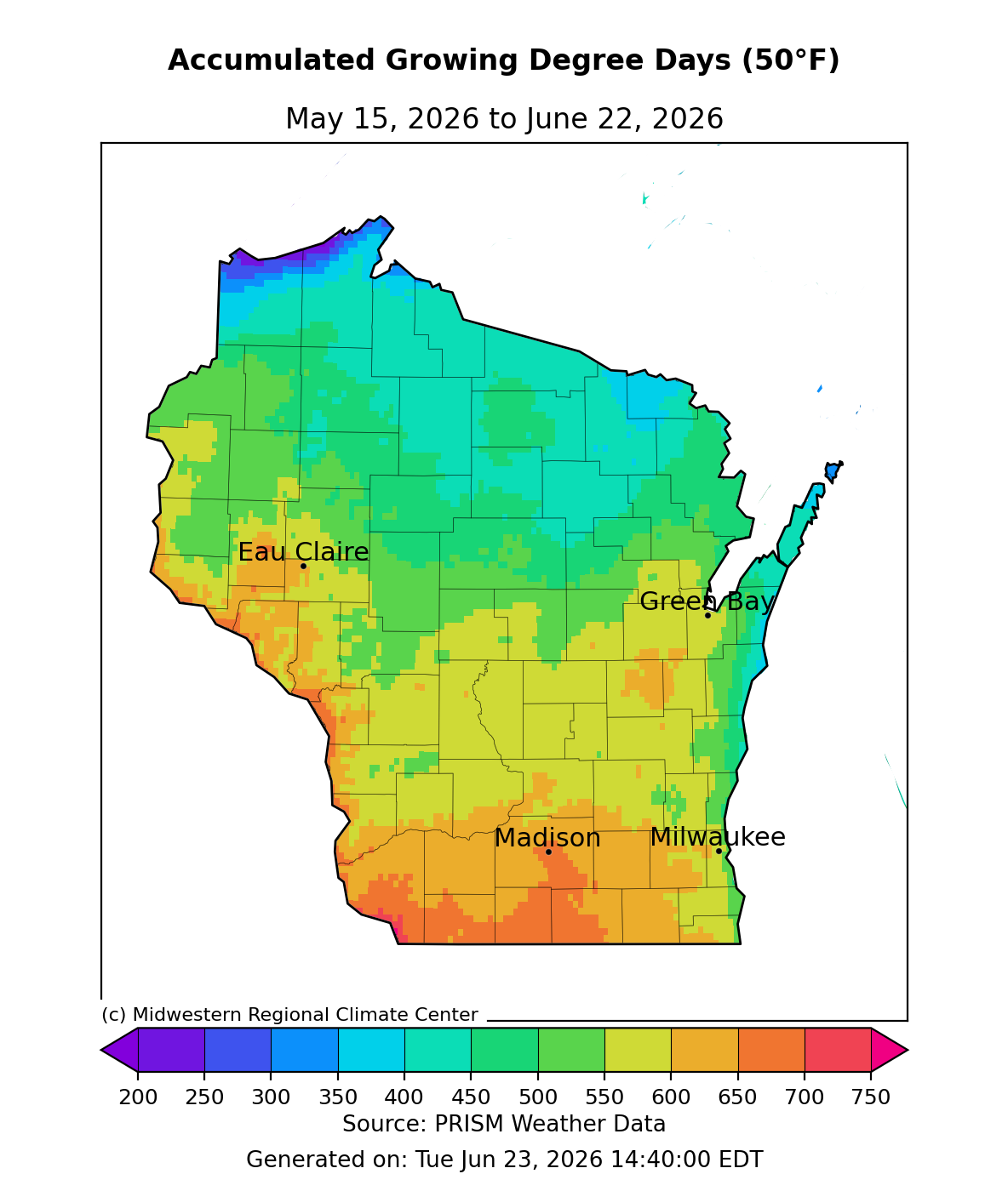 Wisconsin GDD map (base 50°F), May 15–Jun 22, 2026. Image description below.