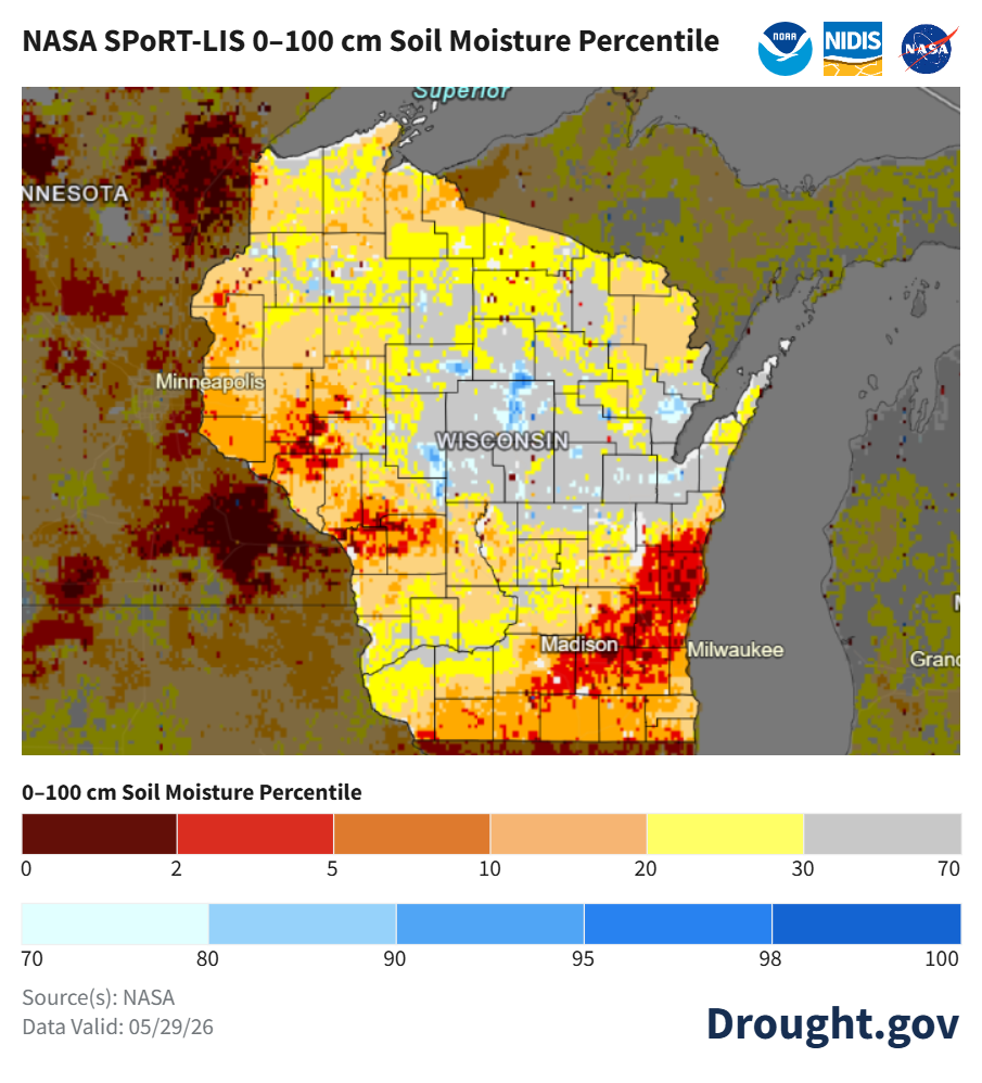 NASA SPoRT-LIS map of Wisconsin 0–100 cm soil moisture percentile, valid 05/29/26. Image description below.