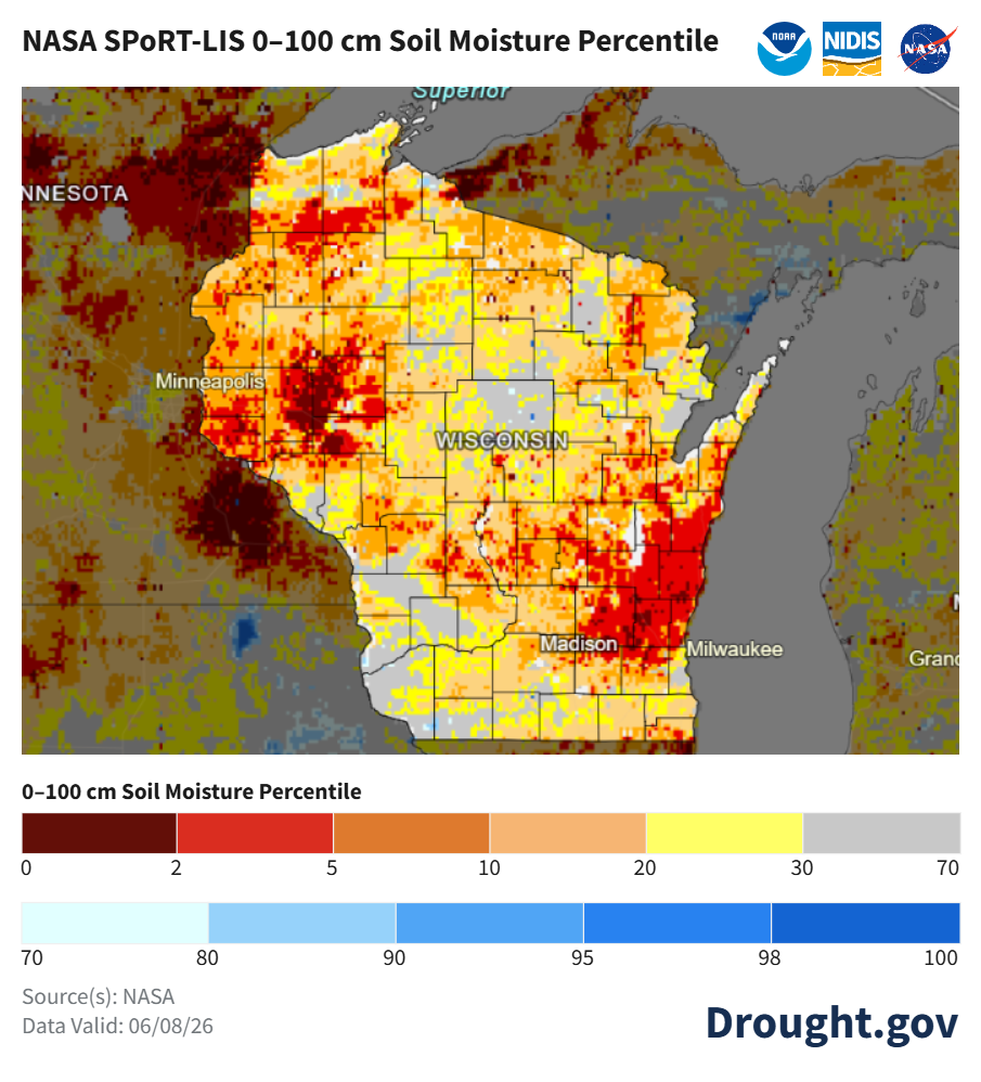 NASA SPoRT-LIS map of Wisconsin 0–100cm soil moisture percentile, 06/08/26. Image description below.