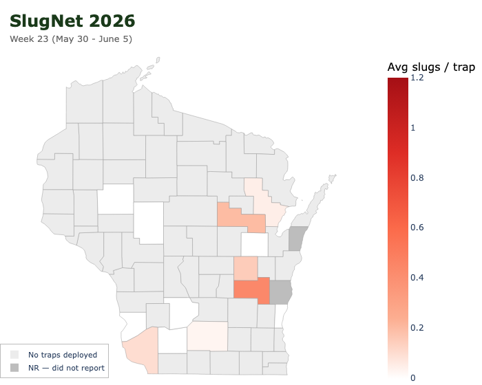 SlugNet 2026 WI map for average slugs per trap. Most of the state shows low or zero activity.