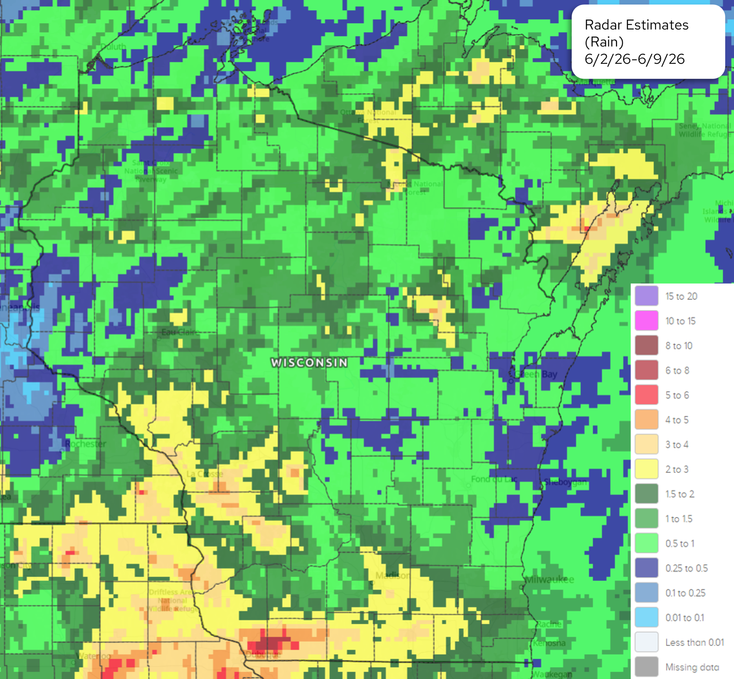 NOAA radar 7-day rainfall map, 6/2/26-6/9/26, Wisconsin and surrounding region. Image description below.