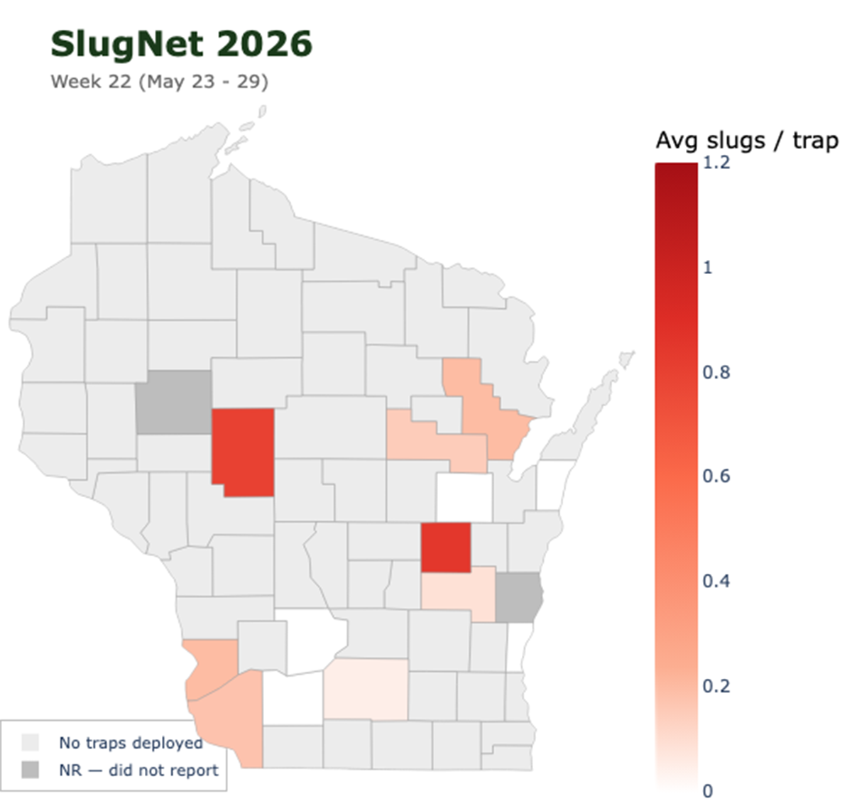 SlugNet 2026 WI map for avg slugs per trap. Most of the state shows low or zero activity.