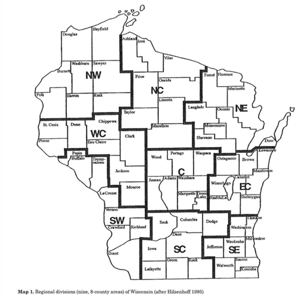 Map of Wisconsin counties grouped into nine regions (NW, NC, NE, WC, C, EC, SW, SC, SE) with bold outlines and labeled counties.