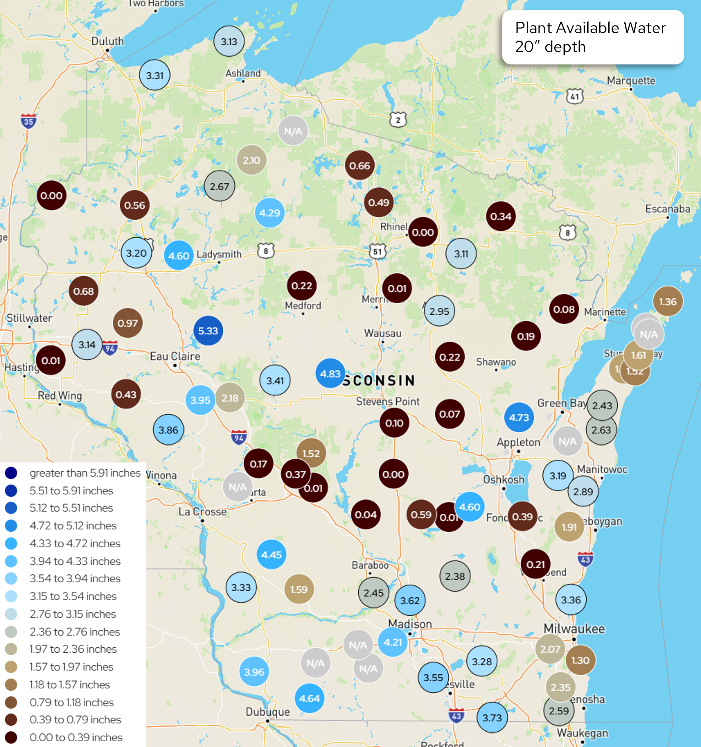 Wisconsin map of plant available water (20" depth) by location, color-coded; values range 0.00–5.33 inches. Image description below.