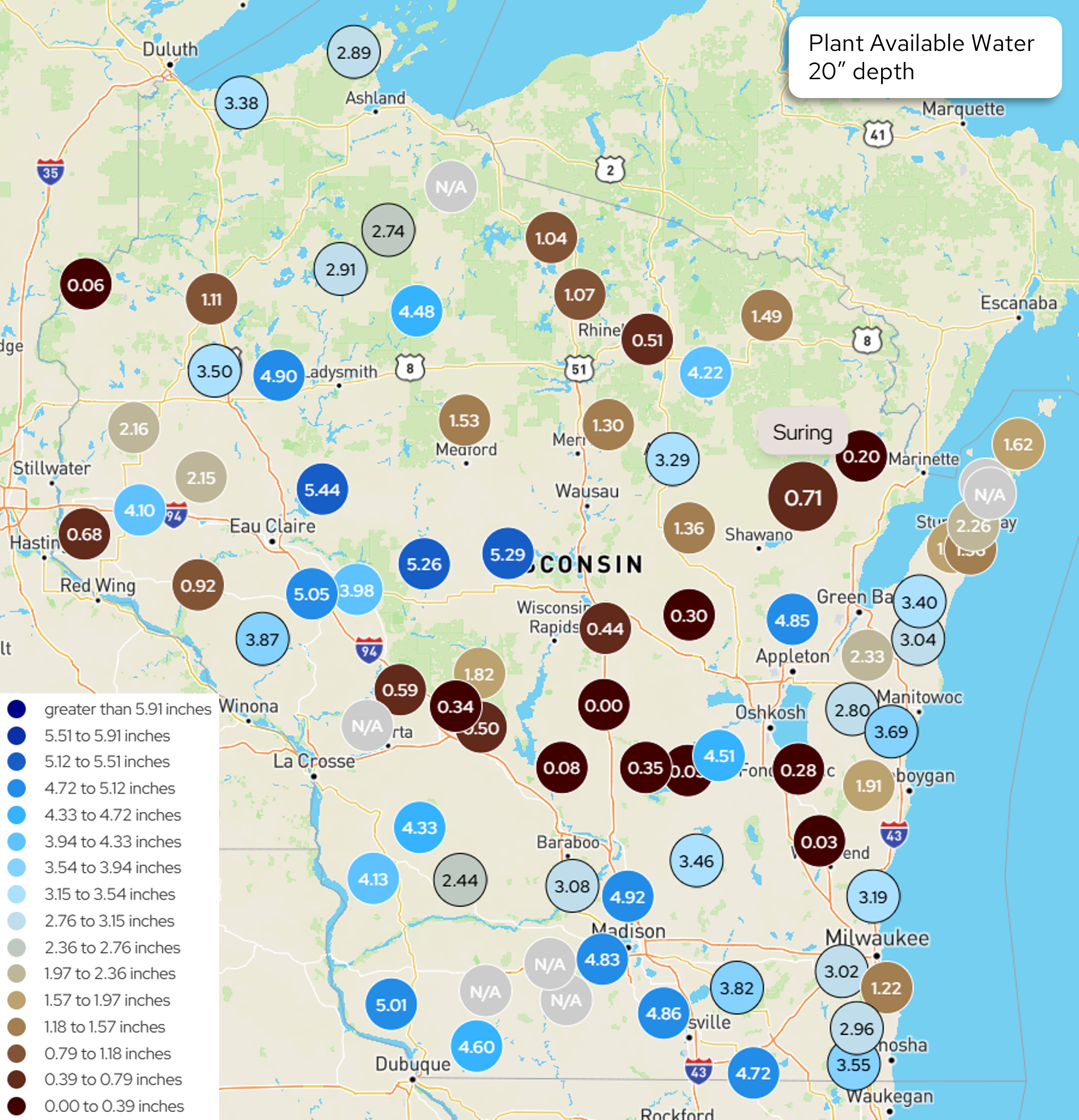 Map showing plant available water at 20" depth across Wisconsin monitoring sites, ranging from 0.00 to 5.44+ inches. Image description below.