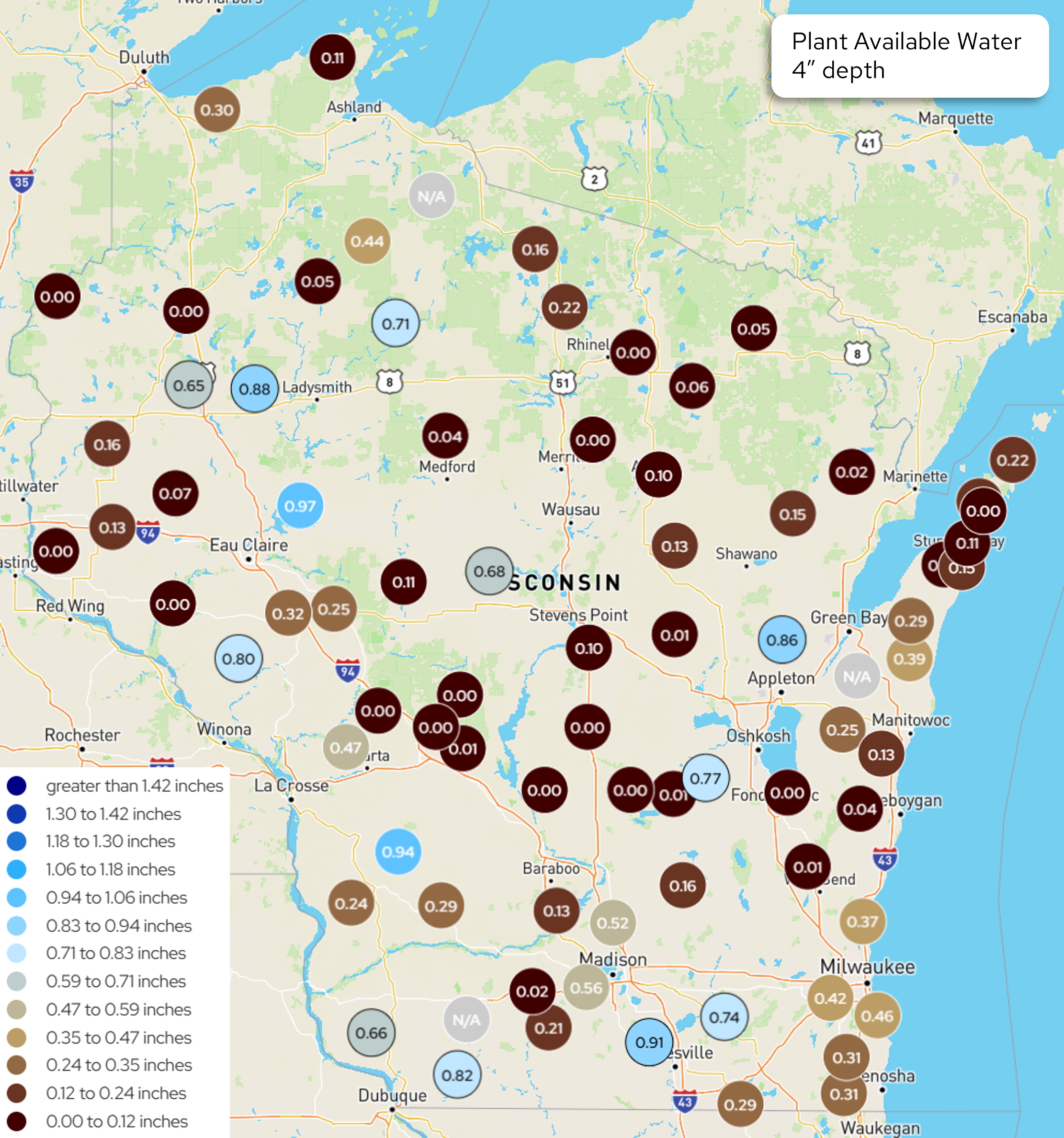 Map of Wisconsin showing Plant Available Water at 4" depth by location, color-coded circles with values. Image description below.
