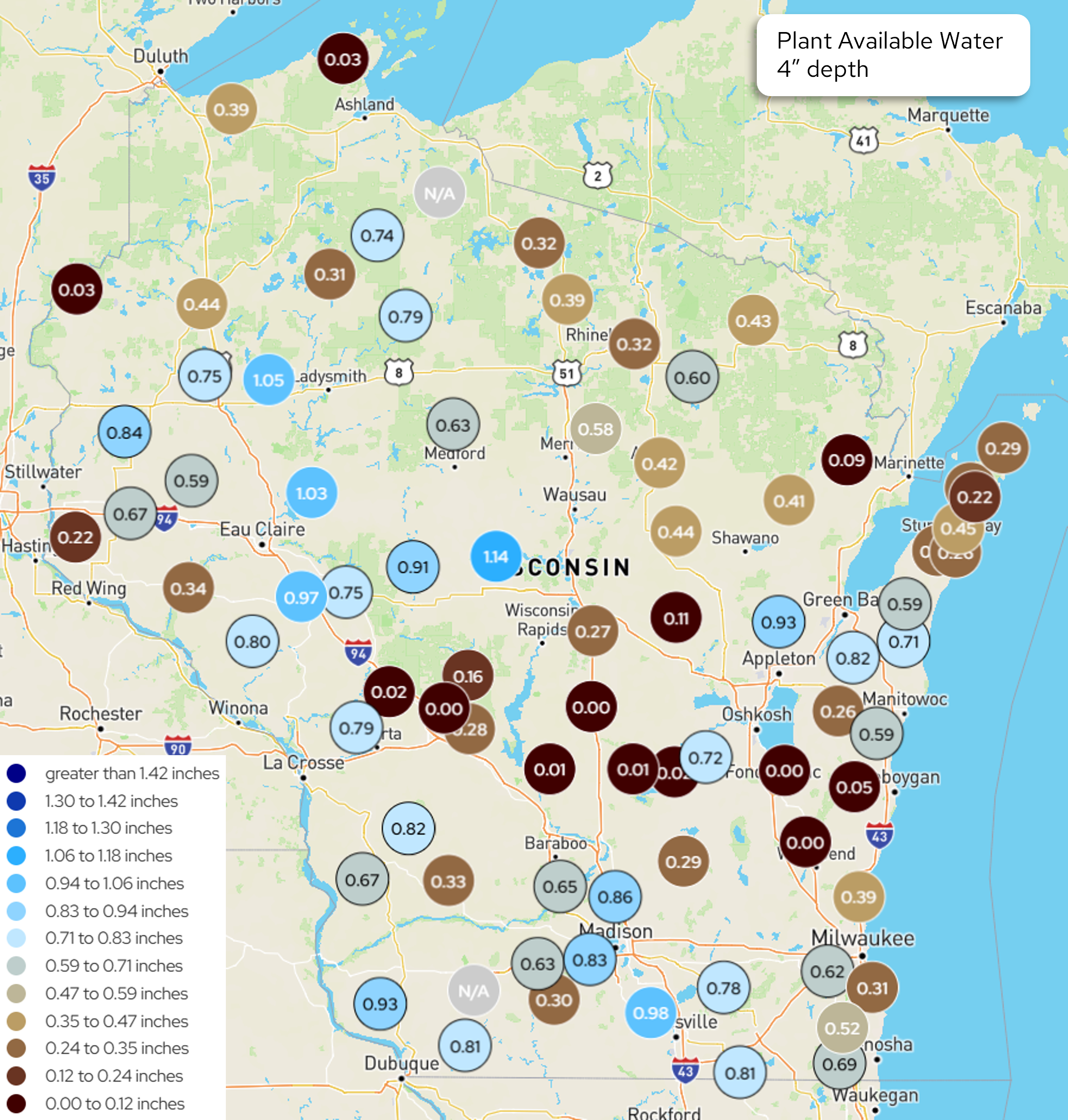 Map of Wisconsin showing plant available water at 4" depth; values range from 0.00–1.14 inches. Image description below.