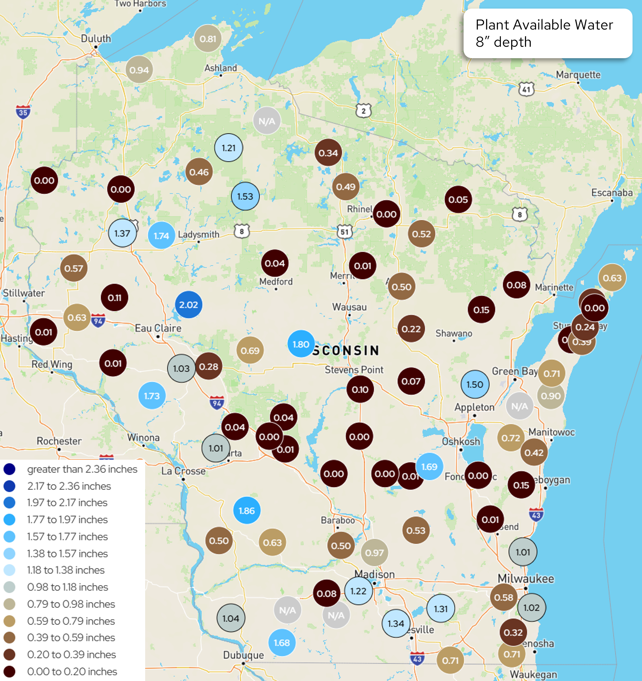 Wisconsin map of plant available water at 8" depth by location; values mostly near 0 in central/east, higher (1.2–2.0") in northwest. Image description below.
