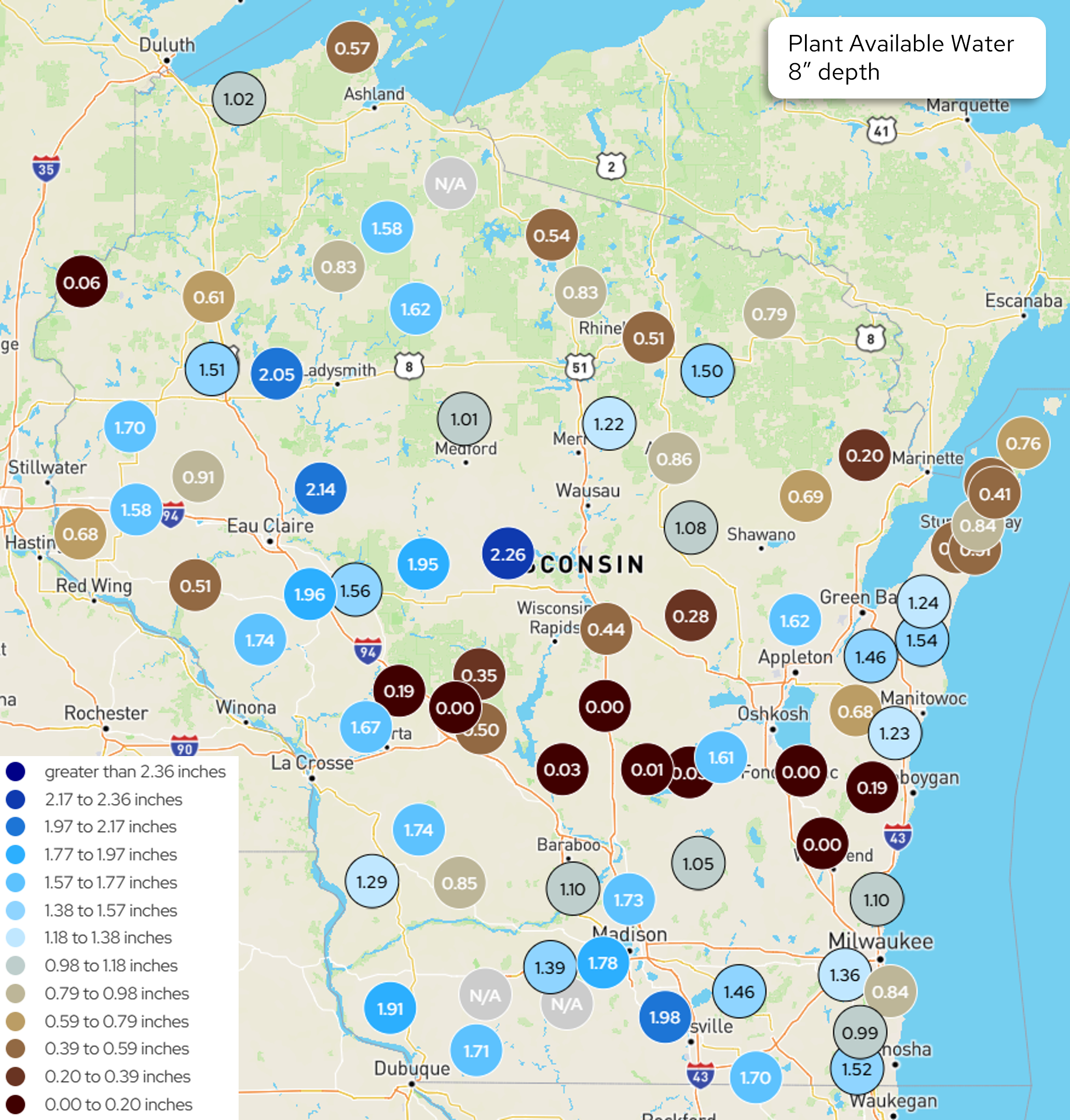 Map of plant available water at 8-inch soil depth across Wisconsin and surrounding region, with color-coded circles showing values from 0.00 to 2.26 inches. Image description below