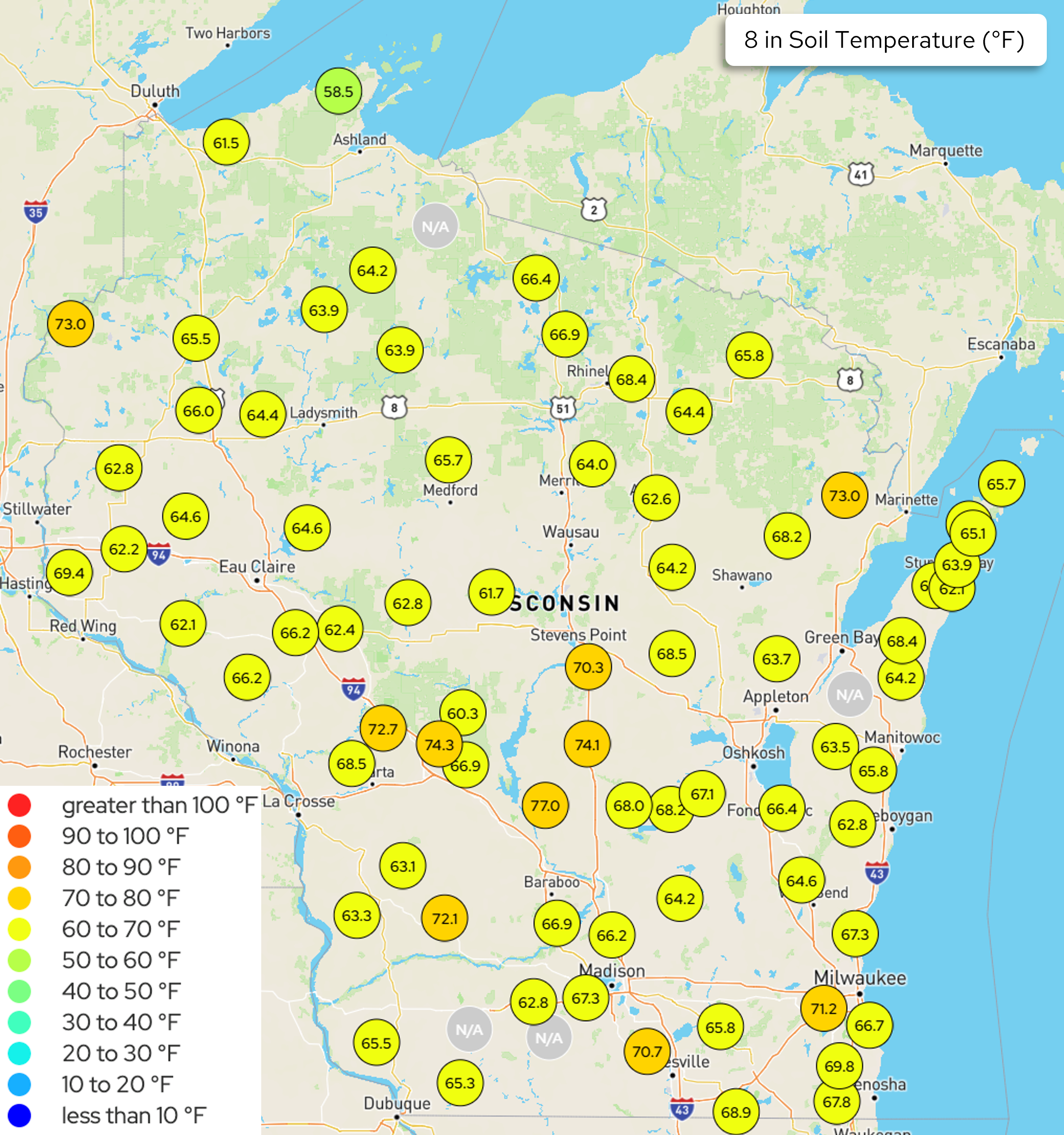 Map of Wisconsin showing 8-inch soil temperatures (°F) at numerous stations; most readings 60-70°F, some 70-80°F. Image description below.