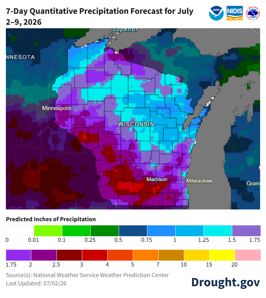 Map of 7-day precipitation forecast for Wisconsin, July 2–9, 2026, showing highest totals (2–4+ in) in southwest, lowest (under 1 in) in northeast. Image description below.