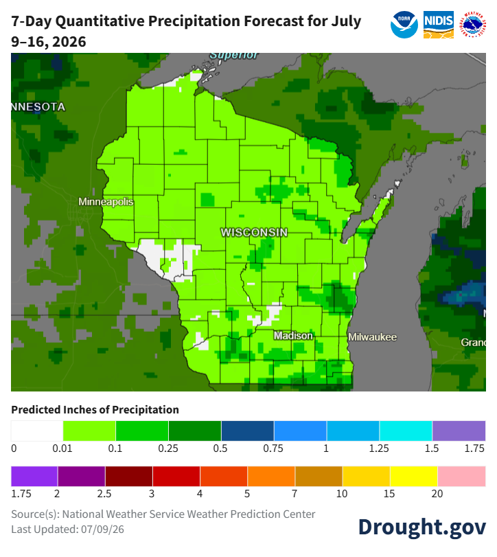 NOAA 7-day precipitation forecast map for Wisconsin, July 9–16, 2026. Image description below.