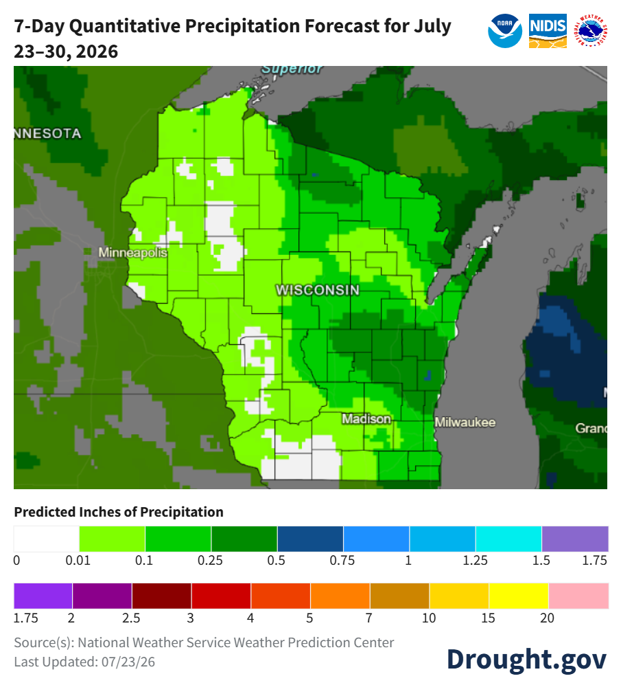 NWS 7-day precipitation forecast map for the Great Lakes region, July 23–30, 2026. Image description below.
